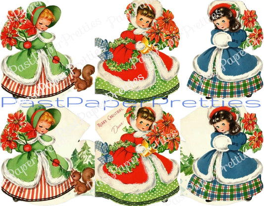 Vintage Printable Pretty Old Fashioned Christmas Girls Christmas Card Images c. 1940s PDF Instant Digital Download Xmas Clipart 300 dpi