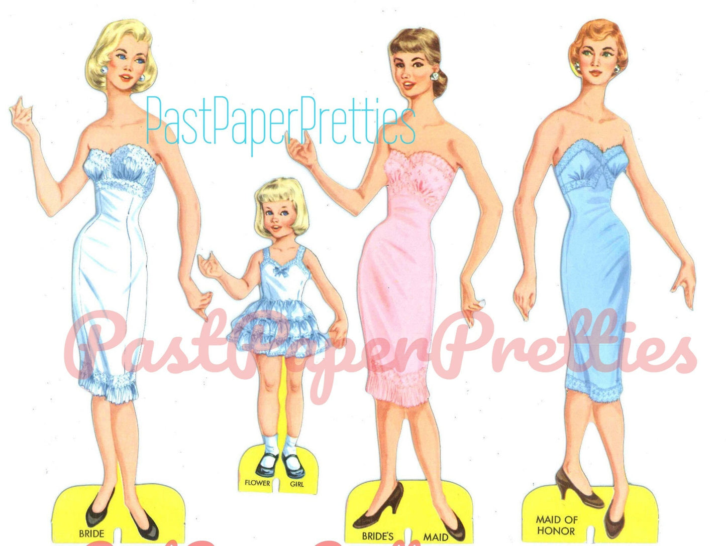 Vintage Paper Dolls 4 Bridal Party Stand Up Dolls c. 1950s Printable Instant Digital Download Wedding Party Dolls Bride Flower Girl JPEG PDF