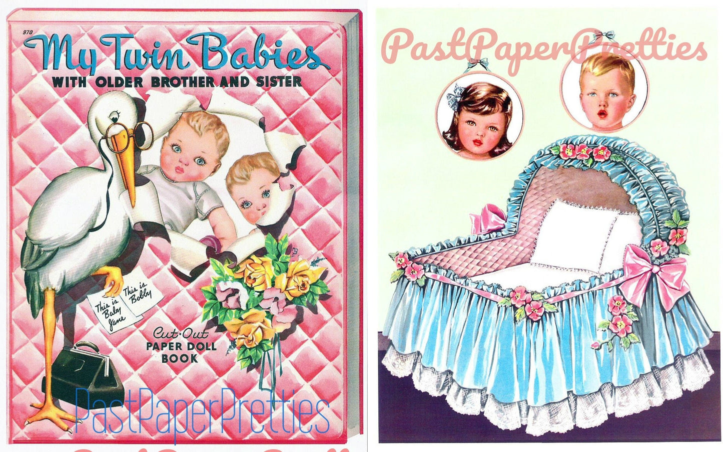 Vintage Paper Dolls My Twin Babies with Older Brother and Sister c. 1950s Printable PDF Instant Digital Download Kitsch Cute Girl Boy