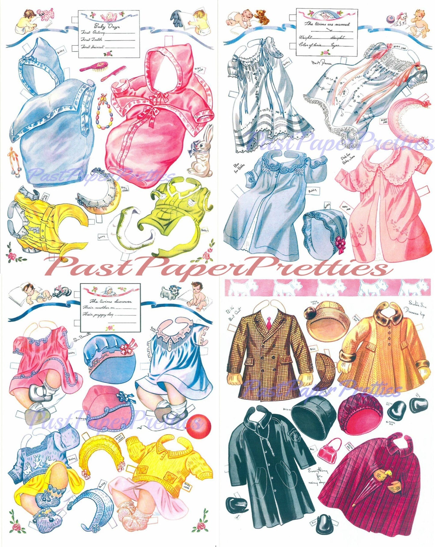 Vintage Paper Dolls My Twin Babies with Older Brother and Sister c. 1950s Printable PDF Instant Digital Download Kitsch Cute Girl Boy