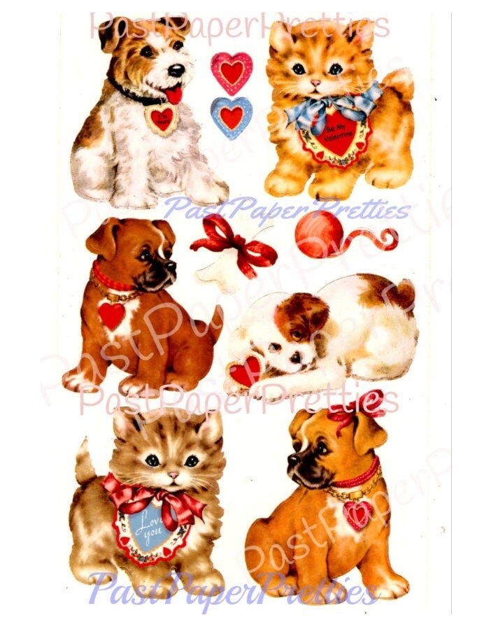 Vintage Printable Valentines Puppies Kittens Stickers Images Gift Seals Tags Collage Instant Digital Download Cute Kitty Cats Dogs Clip Art