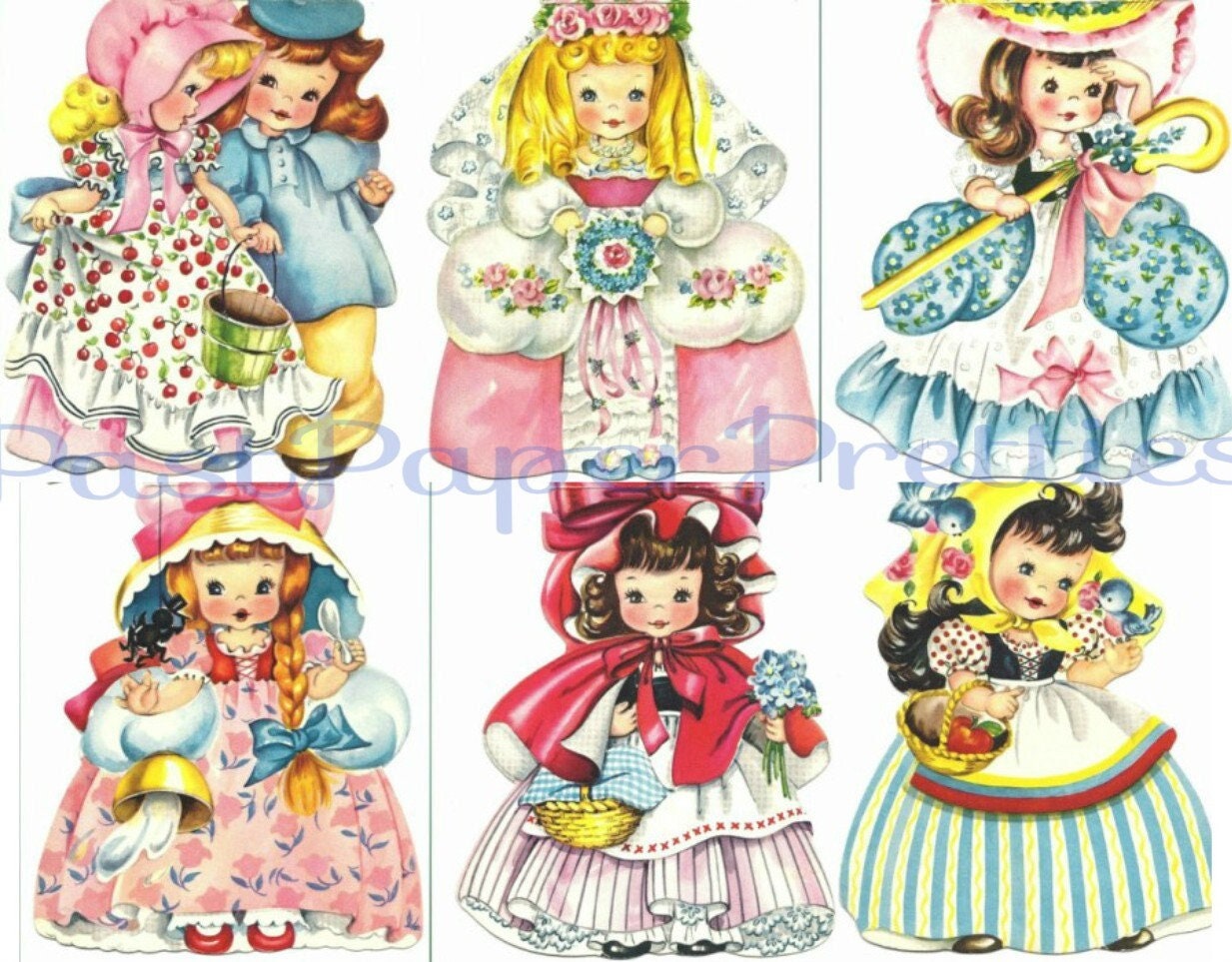 Vintage Storybook Girls Printable Paper Doll Greeting Cards Cut And Fold Forget Me Not PDF Instant Digital Download Lot of 6 Kitsch Cuties