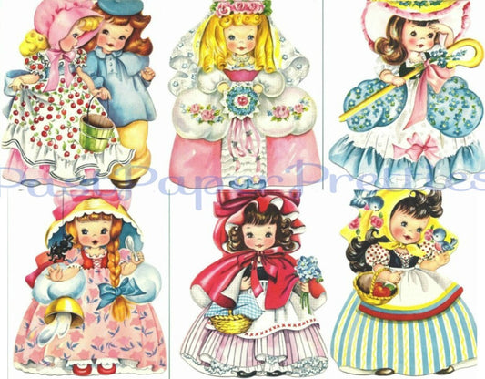 Vintage Storybook Girls Printable Paper Doll Greeting Cards Cut And Fold Forget Me Not PDF Instant Digital Download Lot of 6 Kitsch Cuties