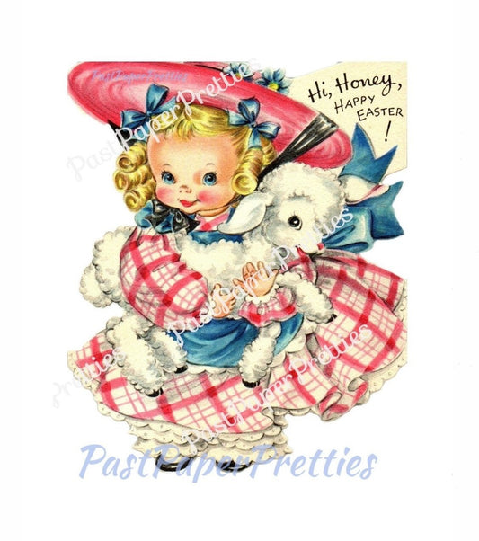 Vintage Printable Easter Card Pretty Ringlets Girl with Lamb and Tartan Dress PDF Image Instant Digital Download 300 dpi JPEG PNG