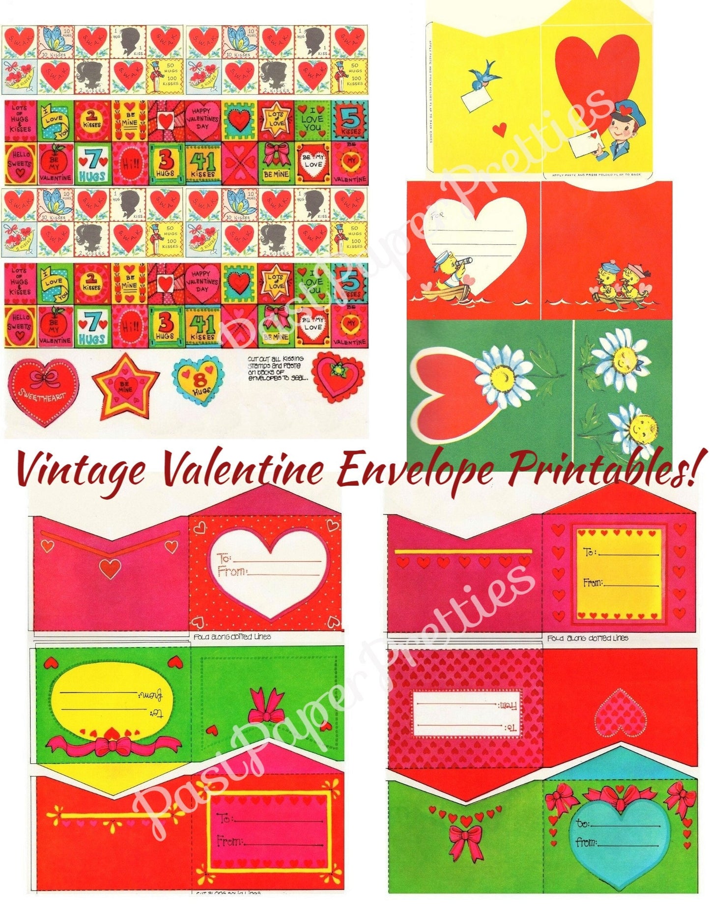 Vintage Printable Retro Envelopes and Kissing Stamps Seals for Valentine Cards PDF Instant Digital Download 9 Envelopes 84 Stamps