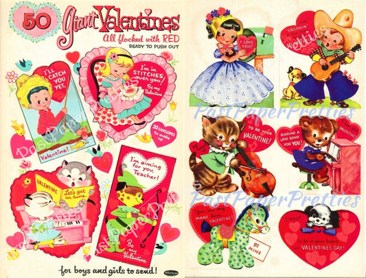 50 Vintage Printable Valentine Cards Retro 1962 Cute Kitsch Girls Boys Animals Collage Sheets PDF Instant Digital Download Nostalgic '60s