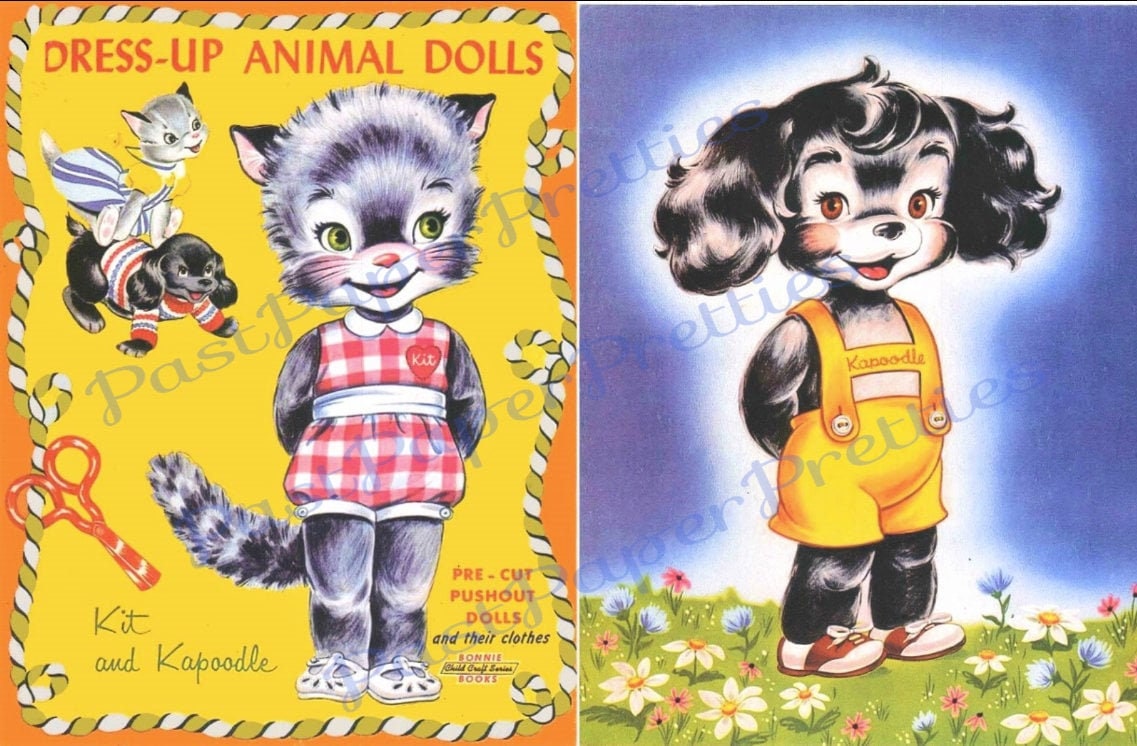 Vintage Paper Dolls Dress-Up Animal Dolls Kit and Kapoodle Kitsch Cat Dog and Clothes Printable PDF Instant Digital Download Kitty and Pup