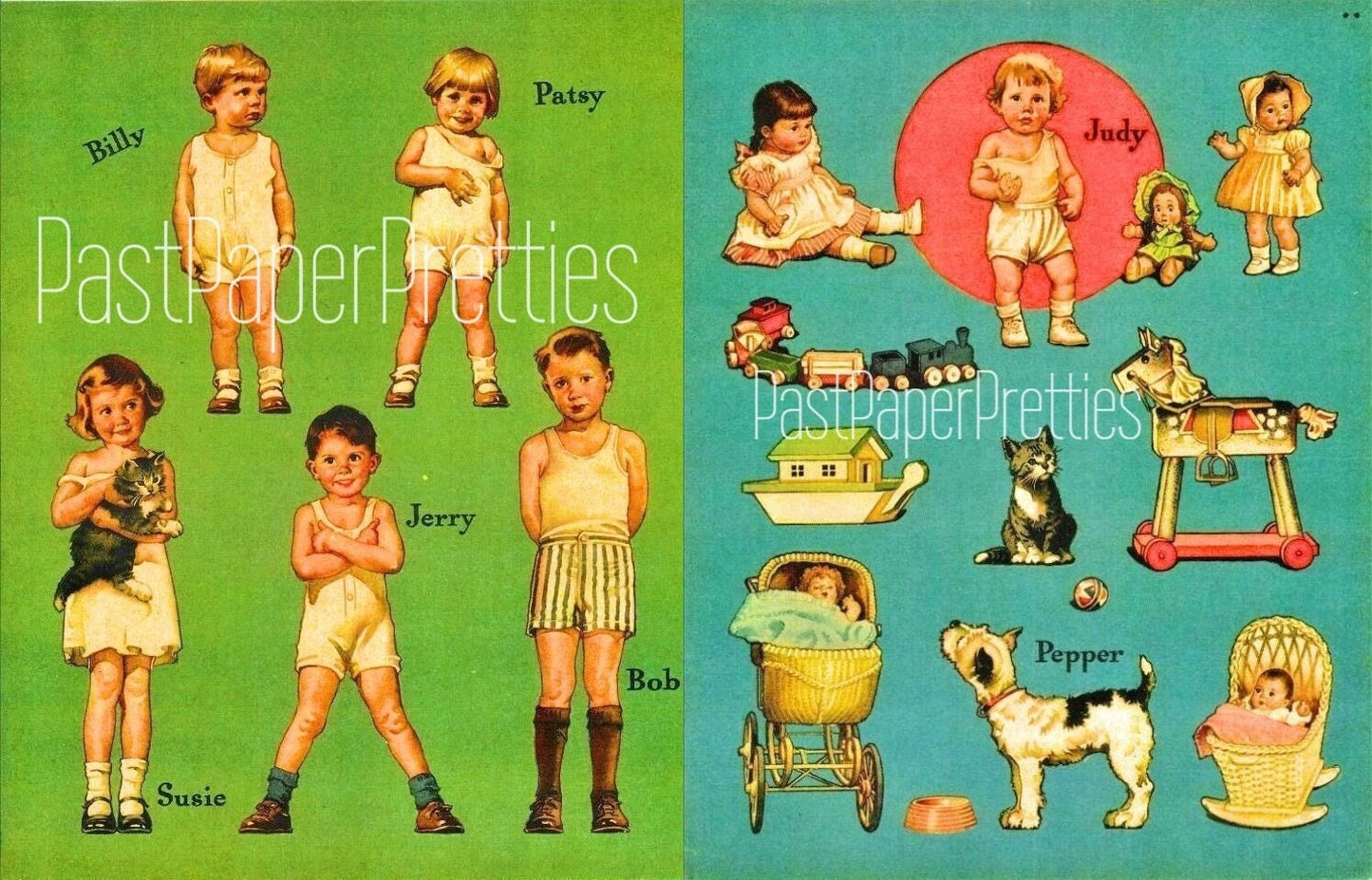 Vintage Paper Dolls The Alden Family c. 1943 Printable PDF Instant Digital Download Cute Kitsch Children Six Siblings Toys Pets Clip Art