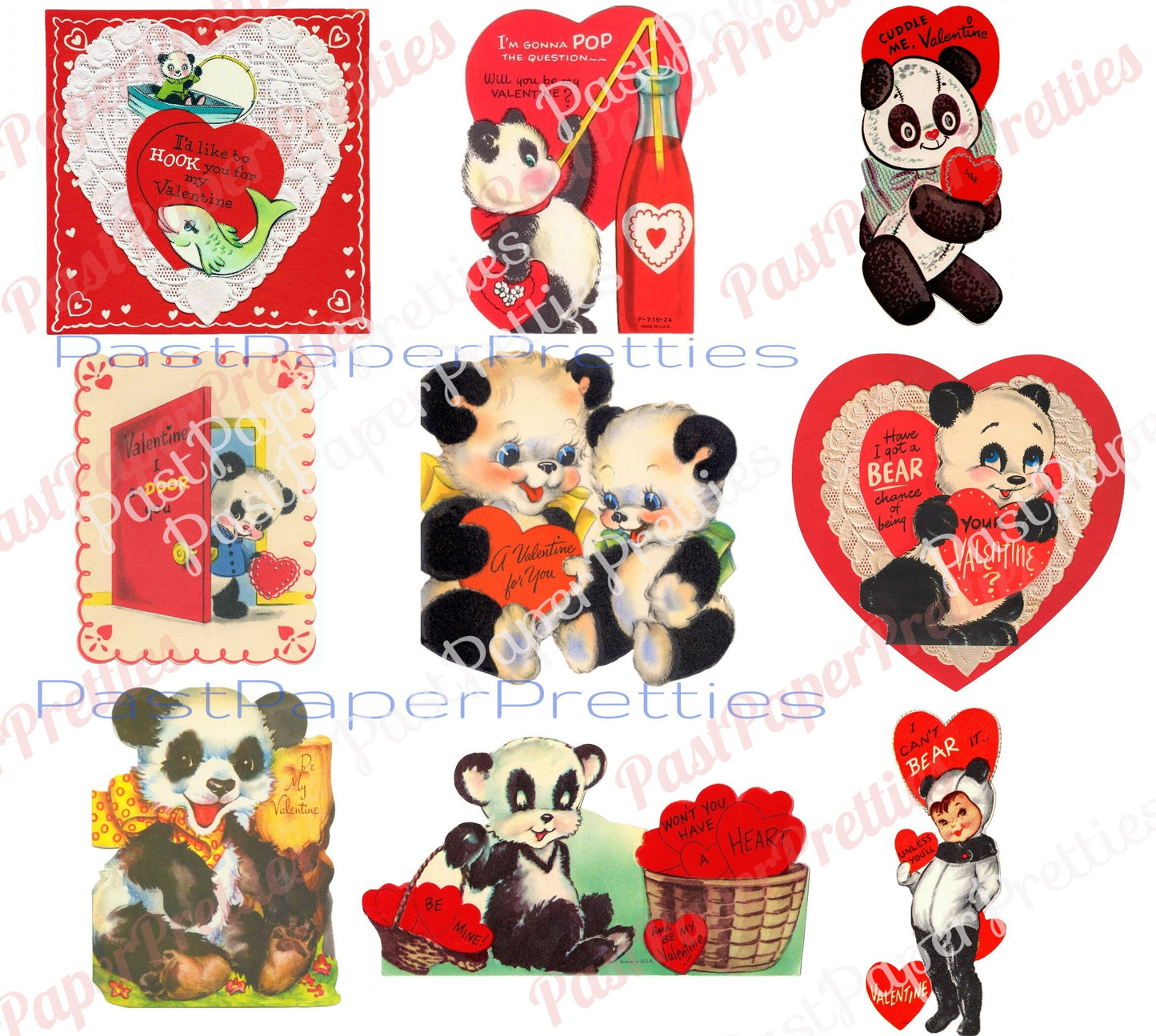 18 Vintage Printable Panda Bear Valentine Cards Images PDF Instant Digital Download ALL Kitsch Anthropomorphic Panda Love Clip Art