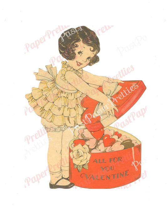 Vintage Antique Printable Valentine Art Deco Little Girl with Frilly Dress and Hatbox Card Image c. 1930s Instant Digital Download