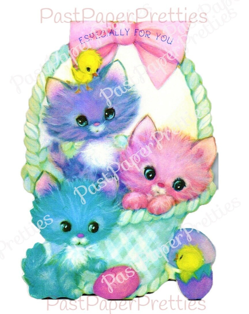 Vintage Printable Easter Pastel Easter Kittens in A Basket and Chicks Card Image Instant Digital Download Cute Kitsch Kitty Cats 300 dpi