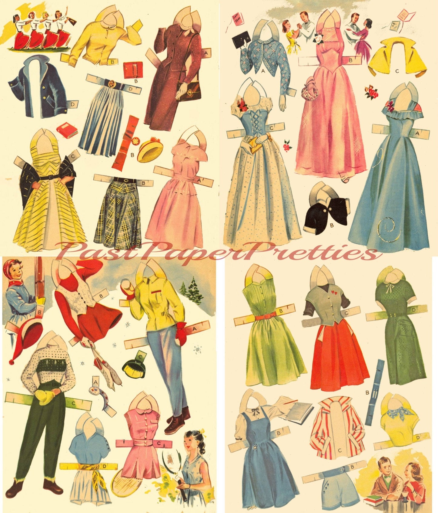 Vintage Paper Dolls Merry Teens c. 1953 Printable PDF Instant Digital Download 4 Pretty High School Teenager Girls Clip Art