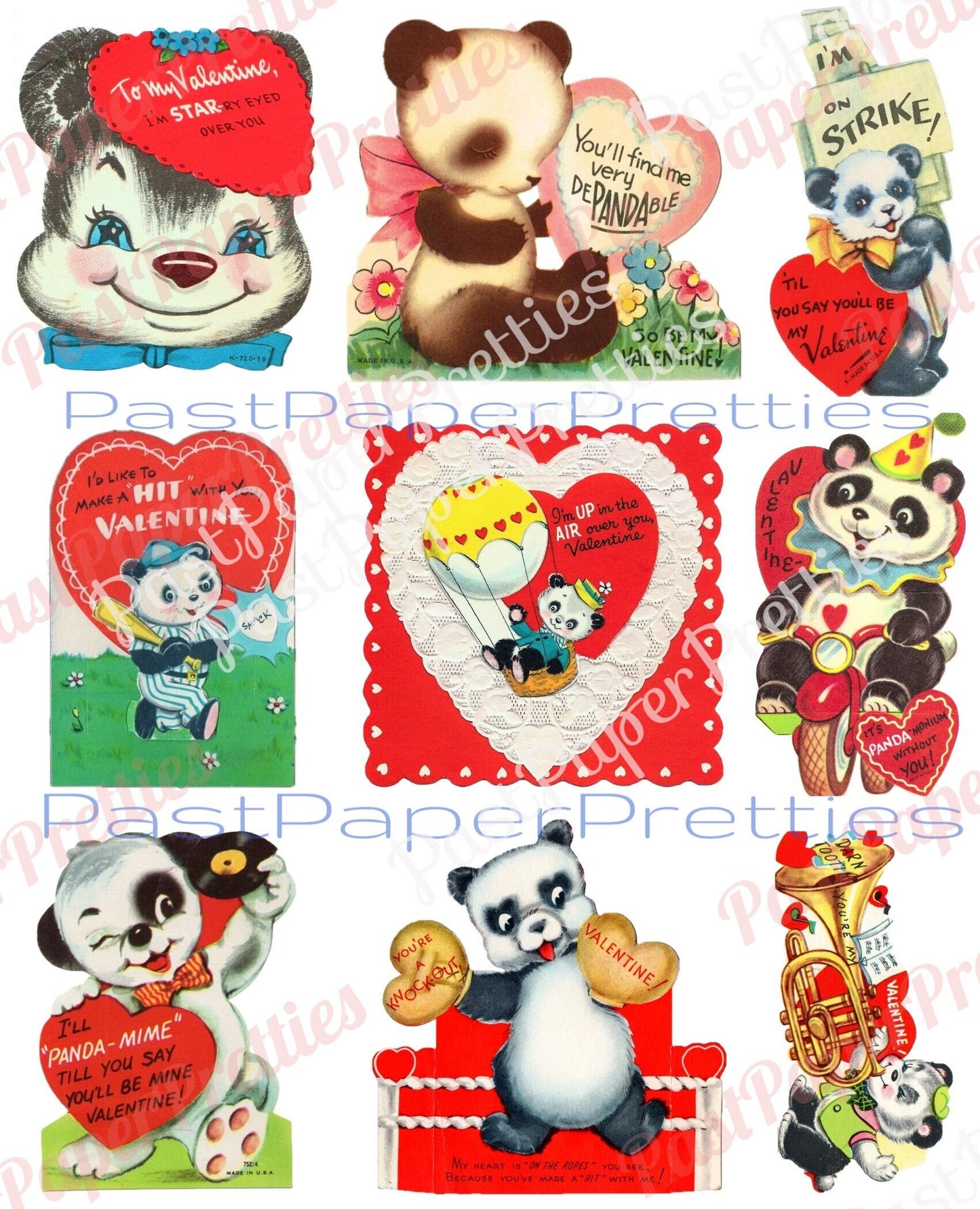 18 Vintage Printable Panda Bear Valentine Cards Images PDF Instant Digital Download ALL Kitsch Anthropomorphic Panda Love Clip Art