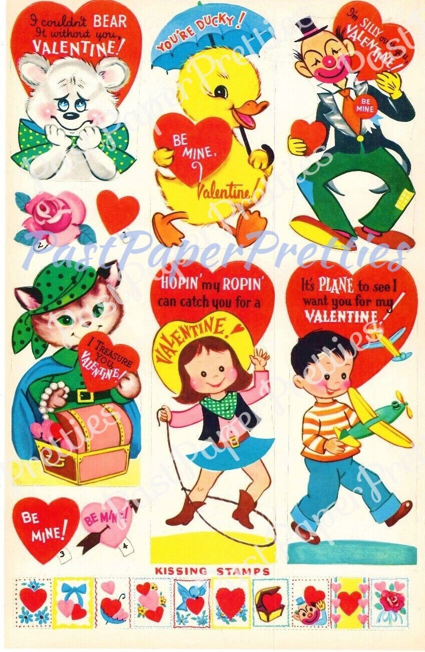 50 Vintage Printable Valentine Cards Kissing Stamps Retro 1960 Cute Kitsch Girls Boys Animals Collage Sheets PDF Instant Digital Download