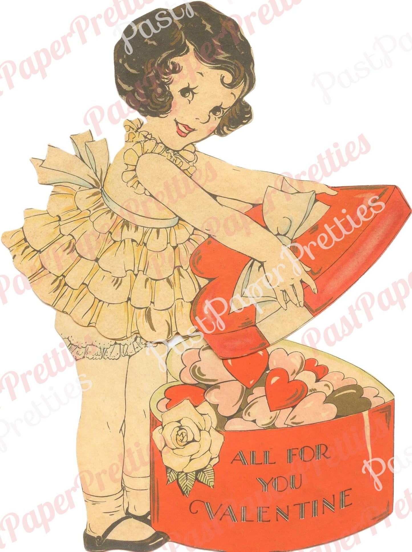 Vintage Antique Printable Valentine Art Deco Little Girl with Frilly Dress and Hatbox Card Image c. 1930s Instant Digital Download