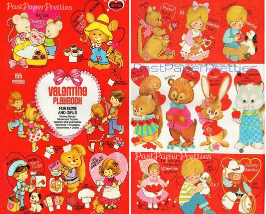 Vintage Printable Valentine Playbook Cut Out Cards Envelopes Seals Retro 1980s PDF Instant Digital Download Cute Kitsch Designs