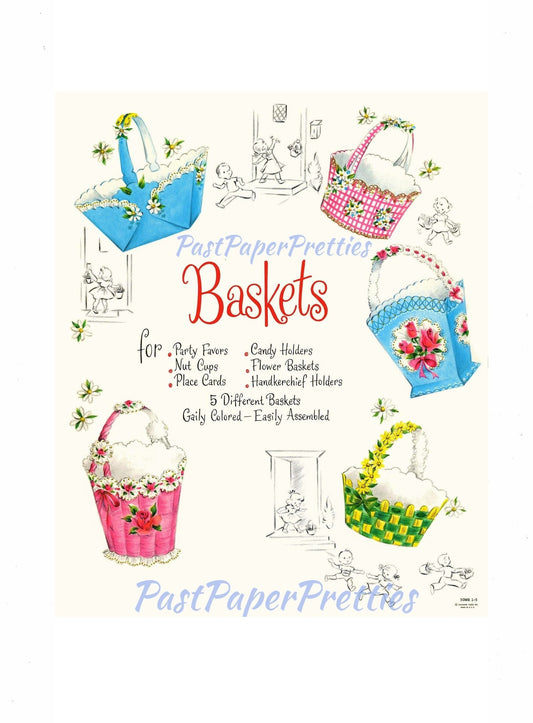 Vintage Printable May Day Easter Flower Baskets c. 1954 PDF Instant Digital Download Cut Out and Assemble Paper Spring Baskets SET TWO