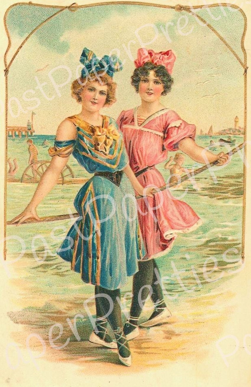 Vintage Printable Victorian Bathing Beauties Beach Postcard Images 1905 PDF Instant Digital Download 6 Pretty Old Timey Ladies 300 dpi