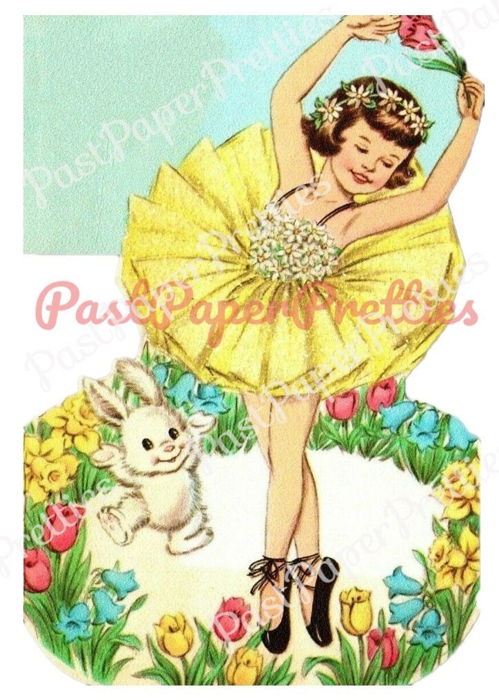 Vintage Printable Easter Clipart Pretty Girl Ballerina Dancing in Flower Ring Card Image c. 1940s PDF Instant Digital Download 300 dpi JPEG