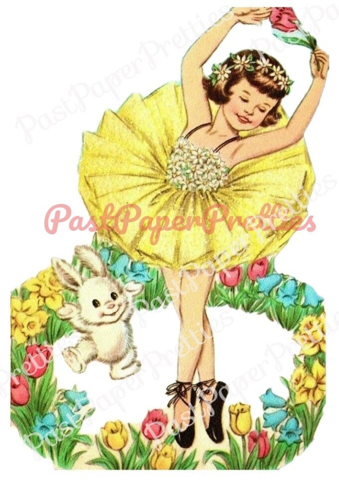 Vintage Printable Easter Clipart Pretty Girl Ballerina Dancing in Flower Ring Card Image c. 1940s PDF Instant Digital Download 300 dpi JPEG