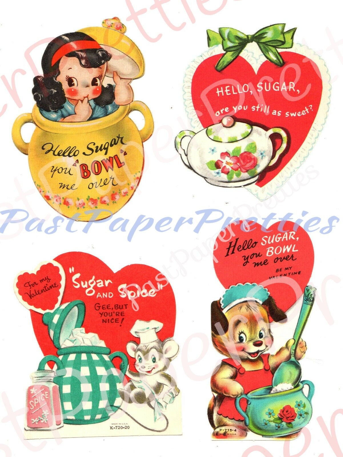 Vintage Printable Valentines Day Cards Sweet Sugar Bowls Theme Collage Sheets PDF Instant Digital Download Retro Valentines JPEG PNG