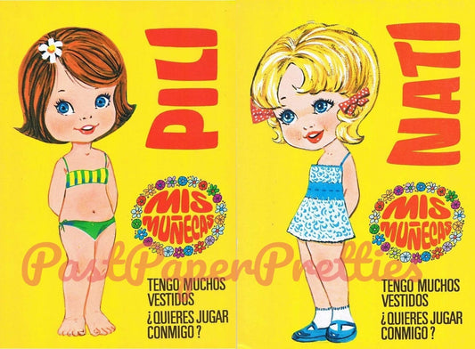 Vintage Paper Dolls I Have Many Dresses Cute Pili and Nati Spanish Girls Printable PDF Instant Digital Download c. 1970s Portugal