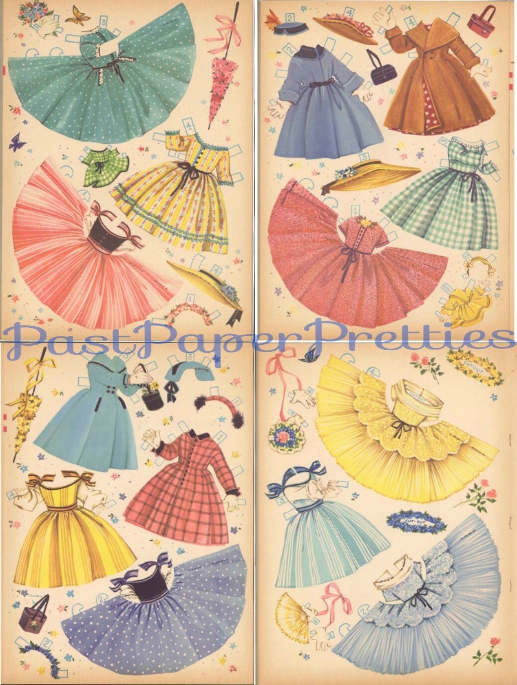 Vintage Paper Dolls Cute Umbrella Girls Printable PDF Instant Digital Download Kitschy Flower Parasol Girls Wrap Around Dresses