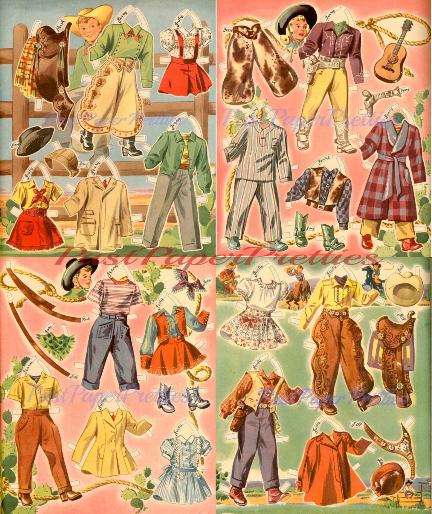 Vintage Paper Dolls Ride A Pony c. 1944 Printable PDF Instant Digital Download Cute Little Cowgirl Cowboy Western Dolls and Horses Clip Art