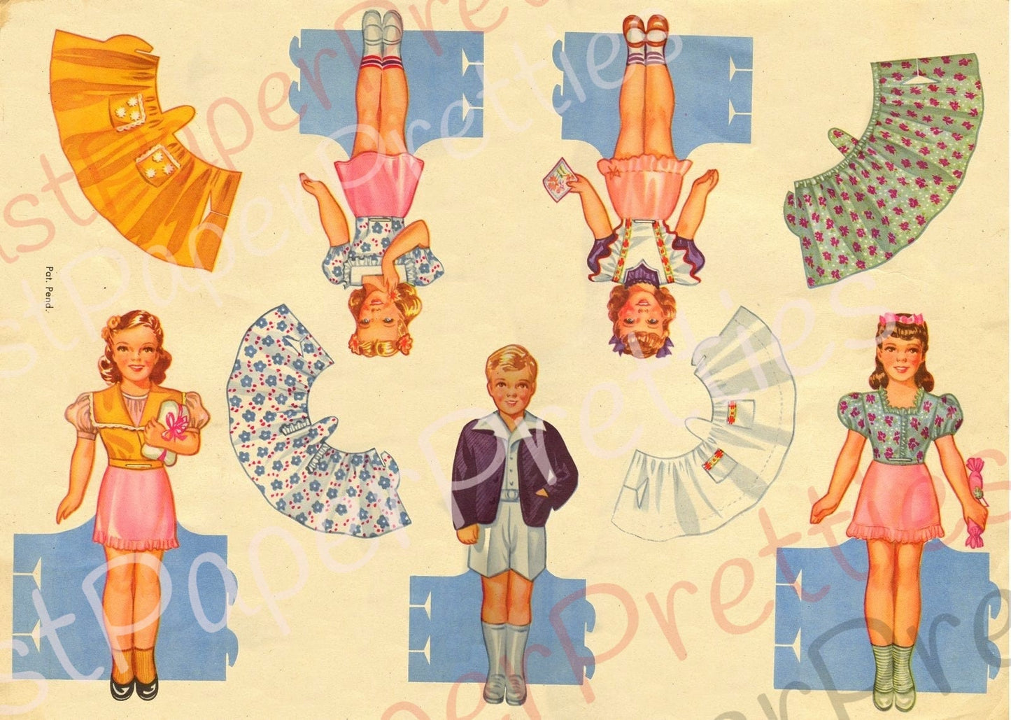 Vintage Paper Dolls Birthday Party Stand-Up Cut-Out Dolls c. 1944 Printable PDF Instant Digital Download Cute Boys Girls Wrap Around Skirts