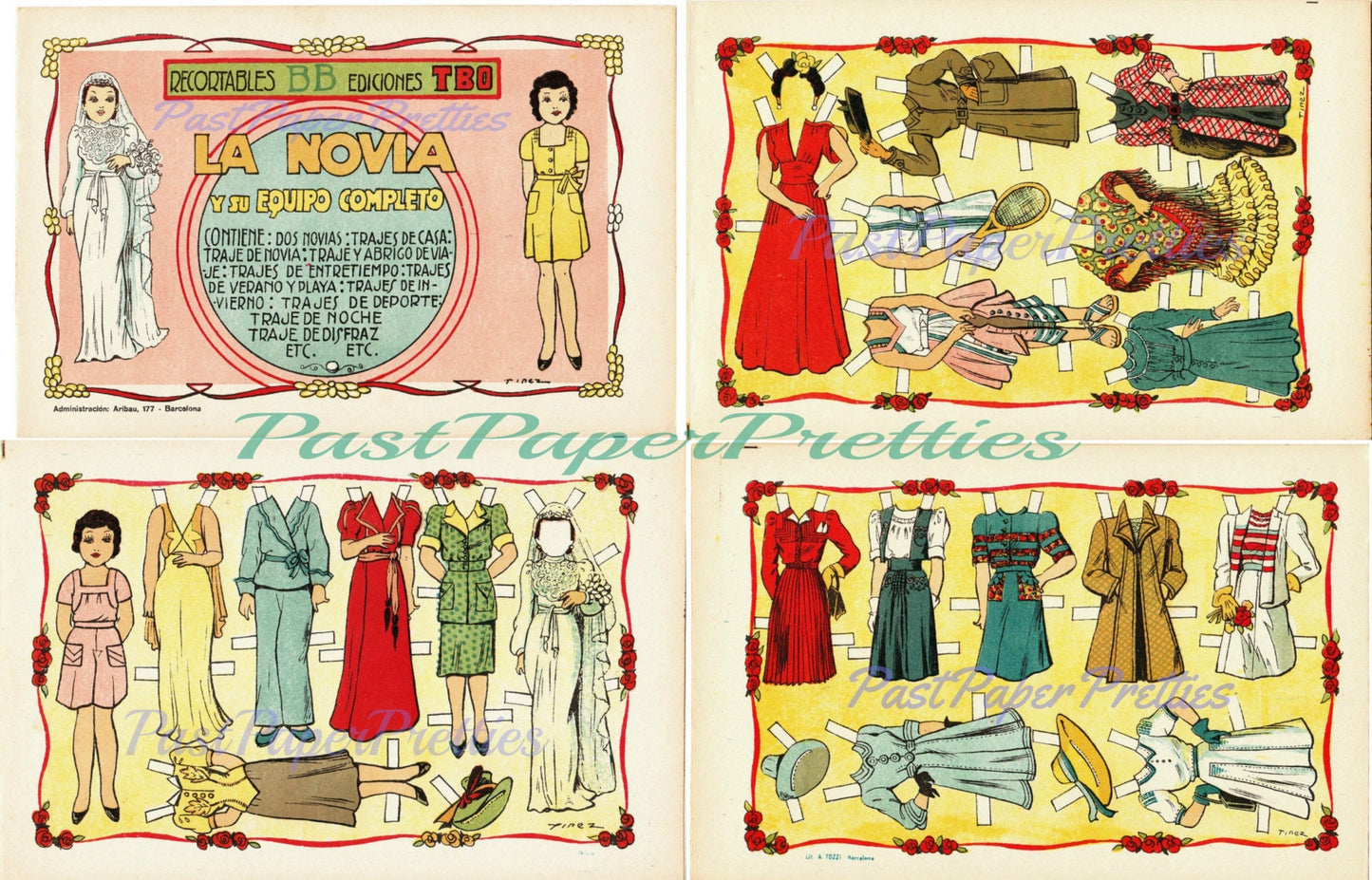 Vintage Spanish Paper Dolls Set 4 Cute Collage Sheets Barcelona Spain c. 1940s Printable Digital Instant Digital Download JPEG Clip Art