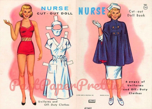 Vintage Paper Dolls Nurse  Cut-Out Doll c. 1963 Printable Instant Digital Download Pretty Hospital Nurse Clip Art