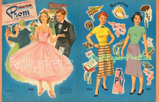 Vintage Prom Paper Dolls c. 1952 Printable PDF Instant Digital Download 3 Teen Girl Dolls School Dance Clip Art Perm Kit