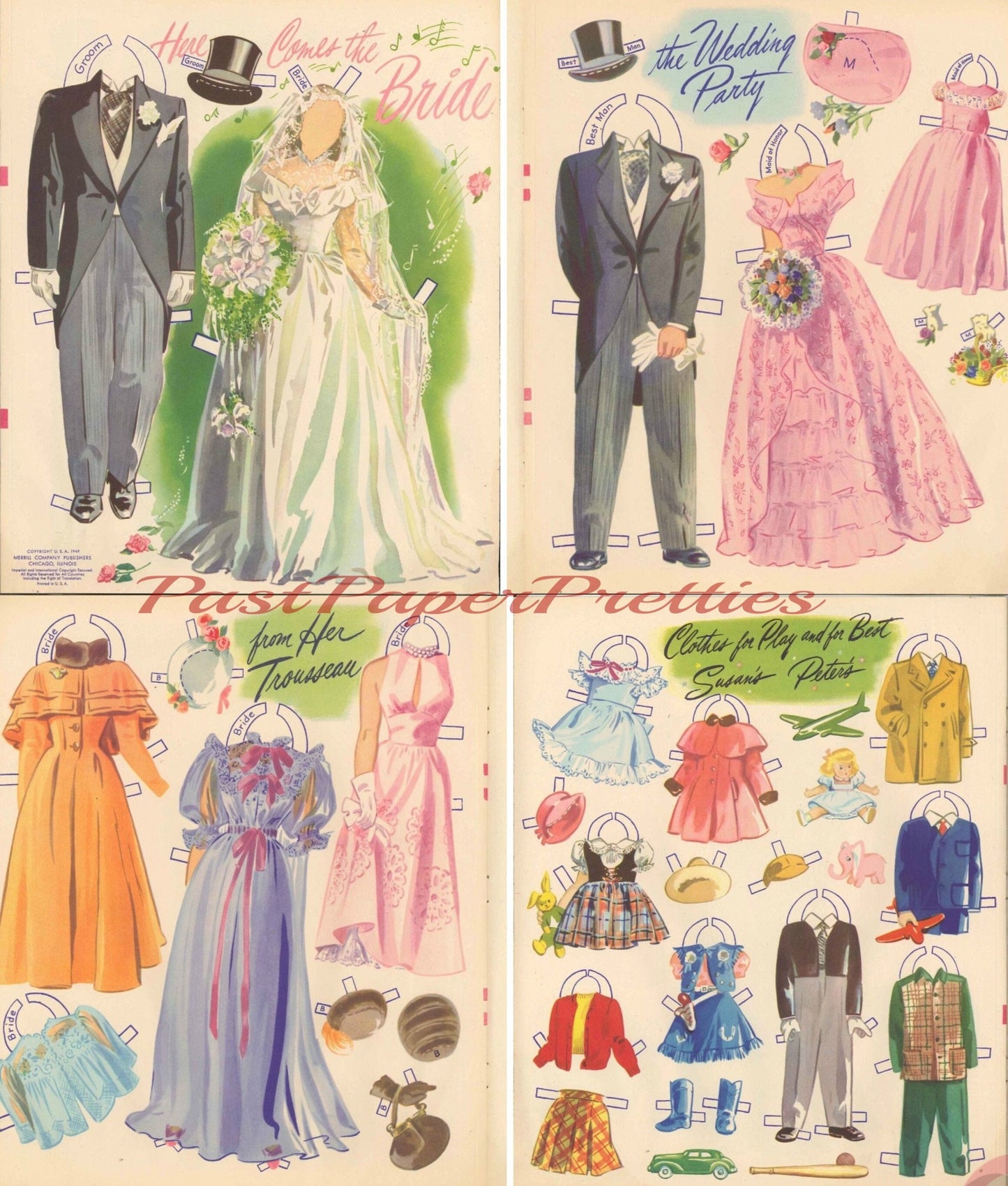 Vintage Paper Dolls Bride and Groom c. 1949 Printable PDF Instant Digital Download 6 Wedding Dolls and Clothes Clip Art