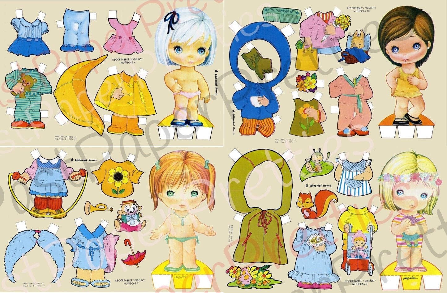 Vintage Spanish Paper Dolls Cute Big Eyed Girls Collage Sheets 10 Sets c. 1980s Printable PDF Instant Digital Download Kitsch Girls Clip Art