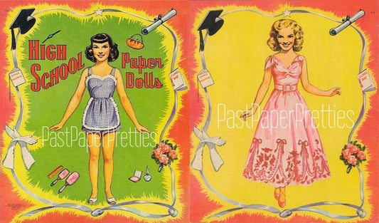 Vintage High School Paper Dolls c. 1947 Printable PDF Instant Digital Download 2 Pretty Teenage Girl Dolls Forties Fashions Clothes Clip Art