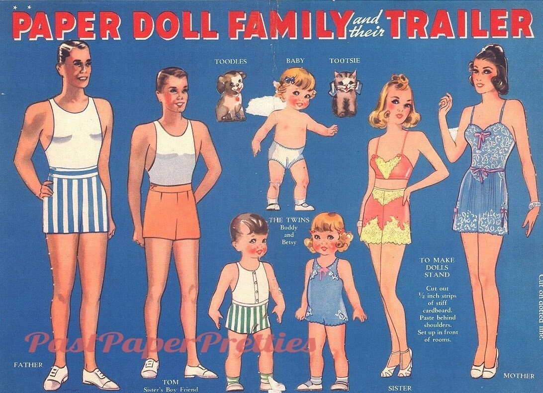 Vintage Paper Doll Family and Their Trailer c. 1938 Printable PDF Instant Digital Download Road Trip Playset Clip Art