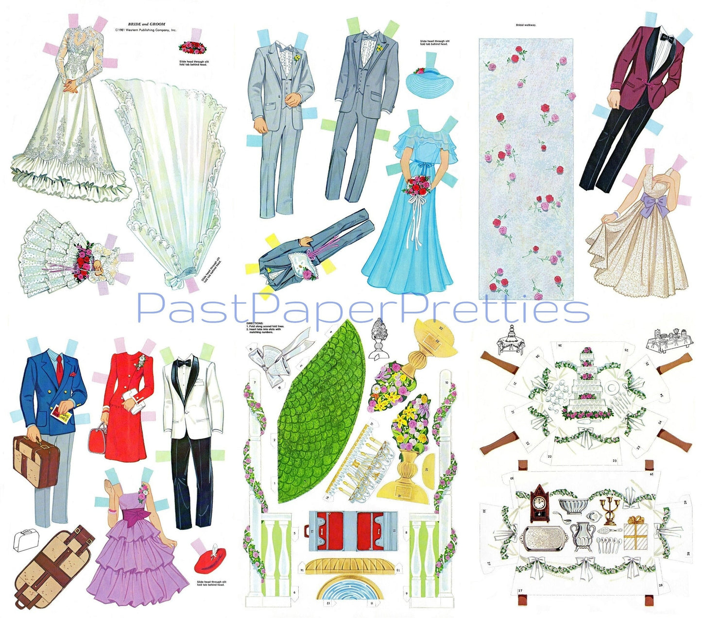 Vintage Paper Dolls Bride and Groom Retro 1981 Printable Playset PDF Instant Digital Download Wedding Dolls Reception Garden Play Scene