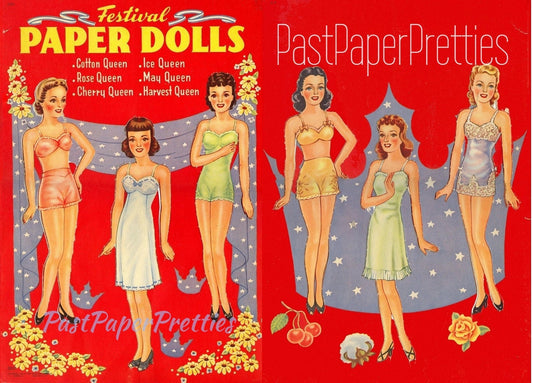 Vintage Paper Dolls Festival Beauty Pageant Queens c. 1944 Printable PDF Instant Digital Download 6 Pretty Festival Queens Dolls Clip Art