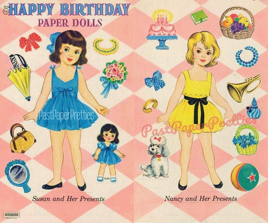 Vintage Happy Birthday Paper Dolls Nancy and Susan Stand-Up Dolls c. 1940s Printable PDF Instant Digital Download Cute Girls Party Clip Art