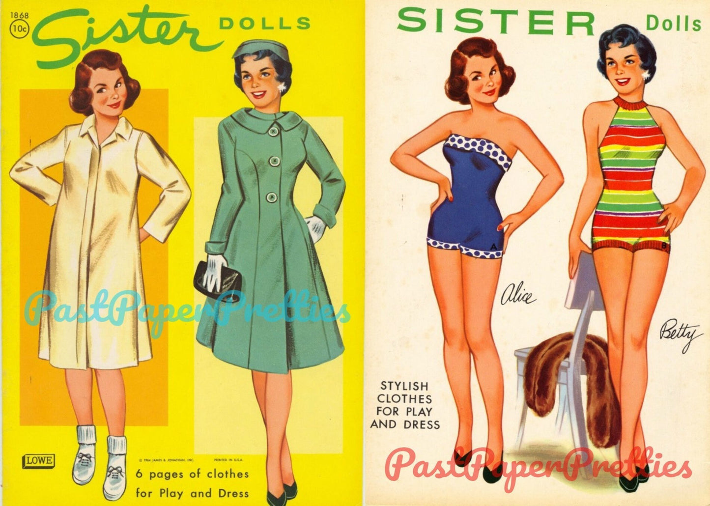 Vintage Paper Dolls Sister Dolls c. 1964 Printable PDF Instant Digital Download Pretty Sibling Sister Dolls Clip Art