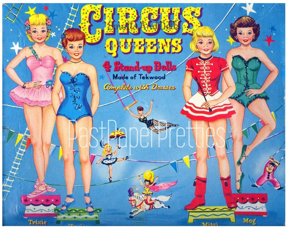 Vintage Paper Dolls Circus Queens c. 1957 Printable PDF Instant Digital Download 4 Pretty Circus Lady Performers Costumes Big Top Clip Art