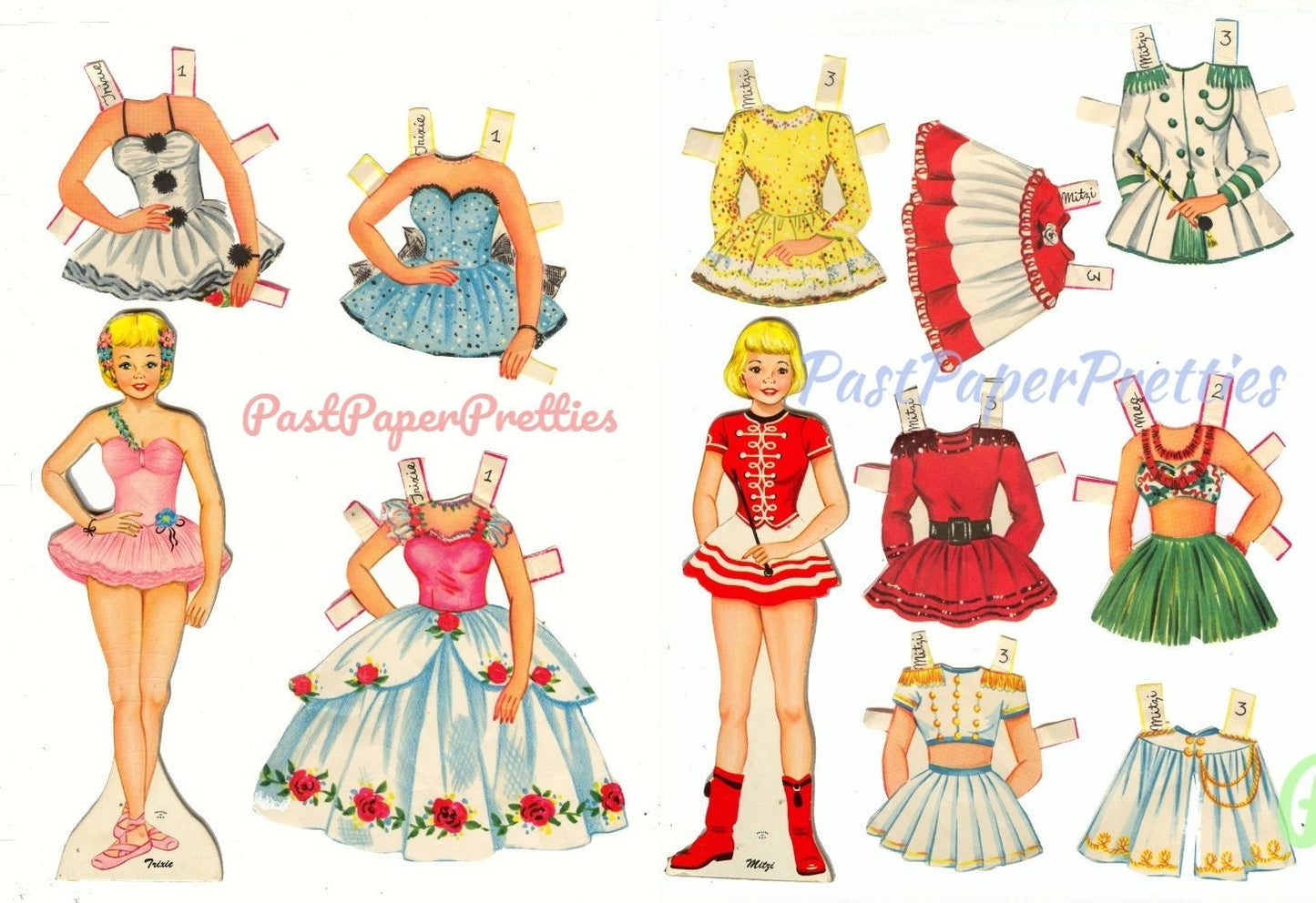 Vintage Paper Dolls Circus Queens c. 1957 Printable PDF Instant Digital Download 4 Pretty Circus Lady Performers Costumes Big Top Clip Art