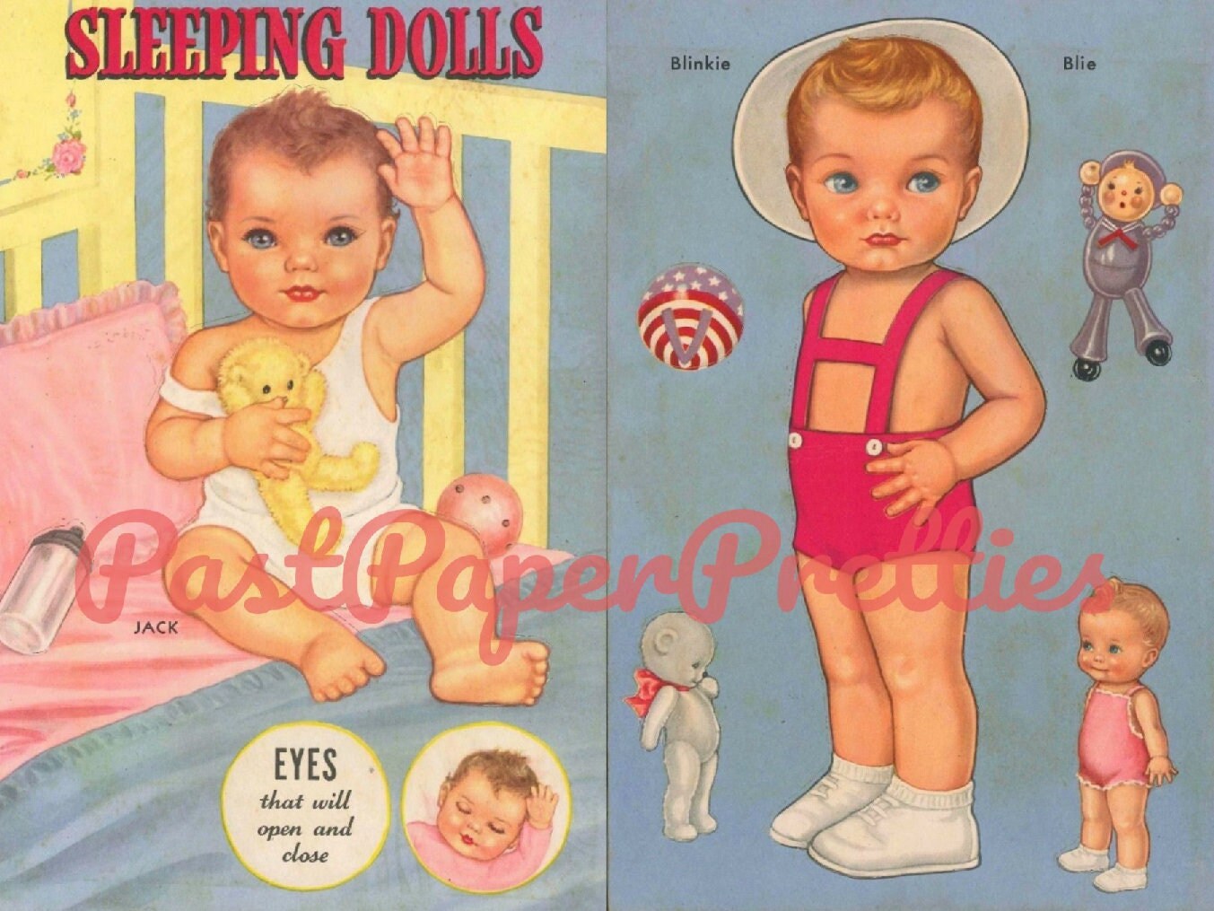 Vintage Paper Dolls Cute Toddler Sleeping Dolls c. 1945 Printable PDF Instant Digital Download Kitschy Cute Kawaii Baby Dolls Clip Art JPEG