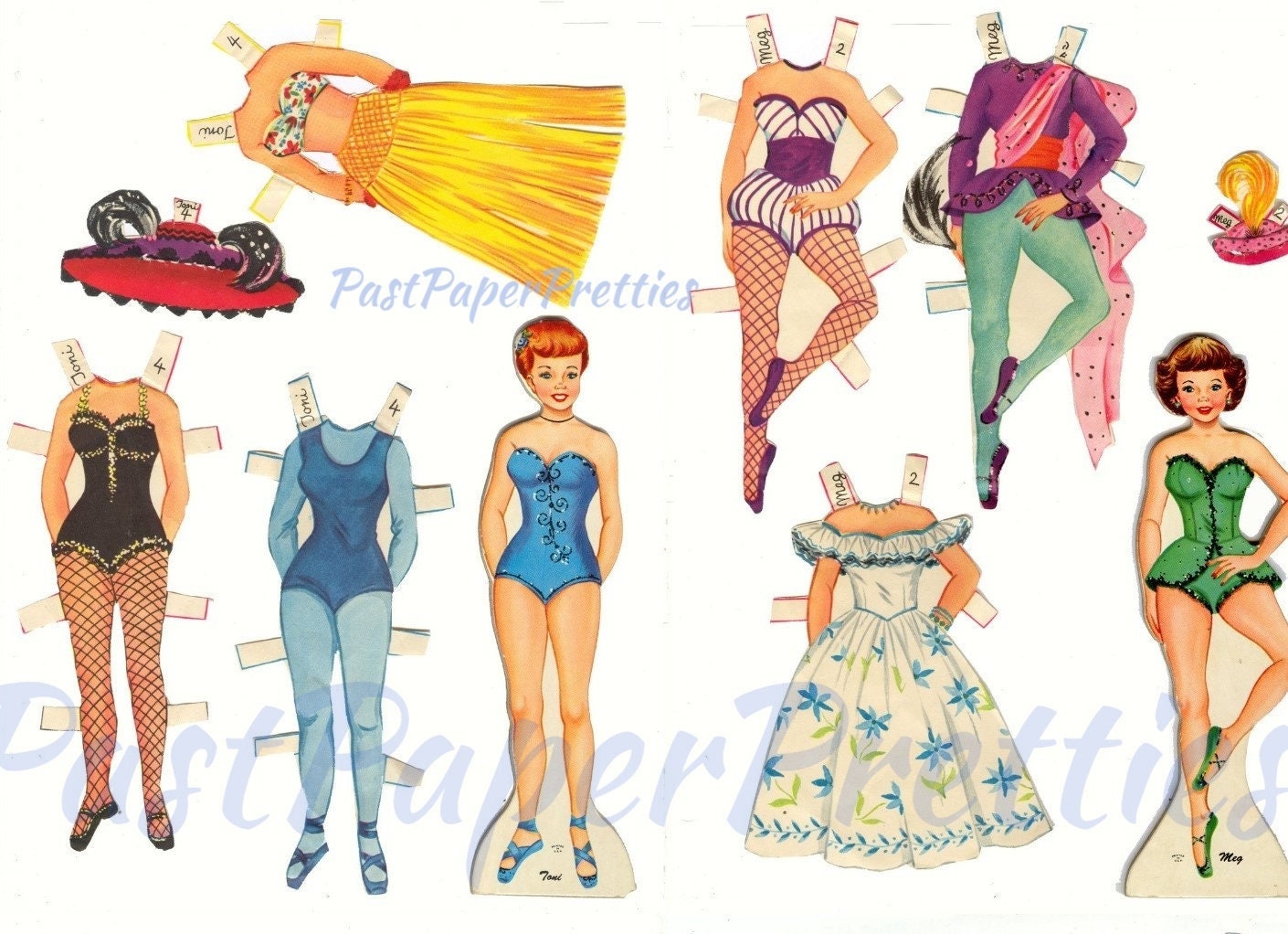 Vintage Paper Dolls Circus Queens c. 1957 Printable PDF Instant Digital Download 4 Pretty Circus Lady Performers Costumes Big Top Clip Art