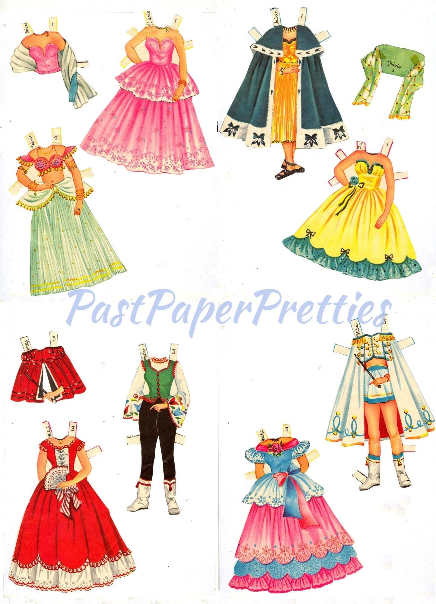 Vintage Paper Dolls Circus Queens c. 1957 Printable PDF Instant Digital Download 4 Pretty Circus Lady Performers Costumes Big Top Clip Art