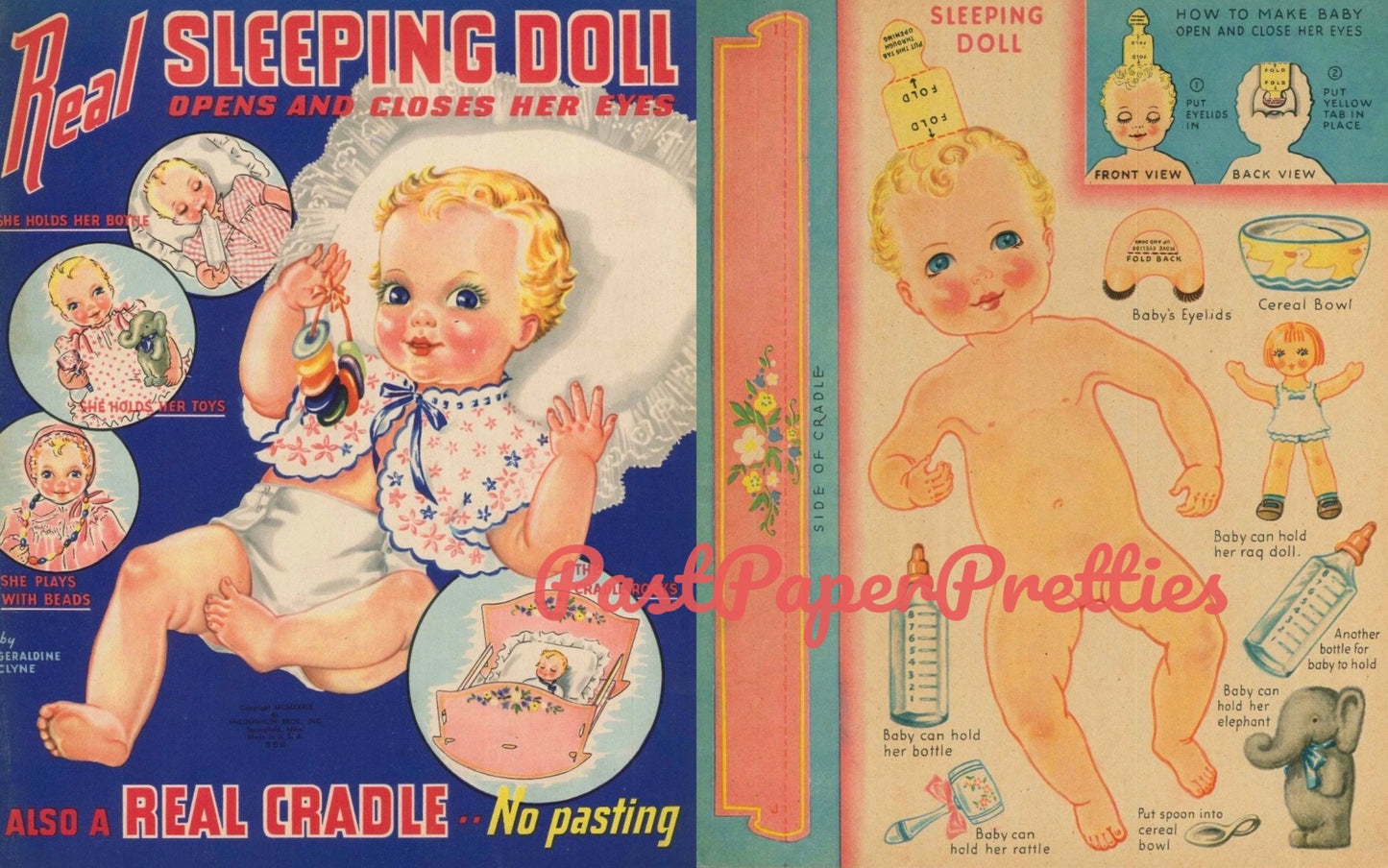 Vintage Paper Dolls Real Sleeping Baby Doll 1939 Printable Instant Digital Download Opens Closes Eyes Rocking Infant Cradle Clipart