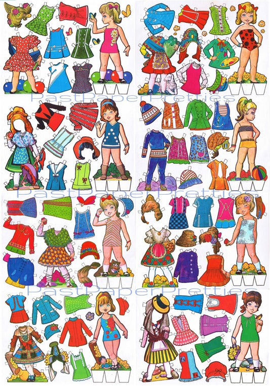 Vintage Paper Dolls 8 Pretty Girls and Their Clothes Collage Sheets c. 1980s Printable PDF Instant Digital Download Kitsch Clip Art Spain