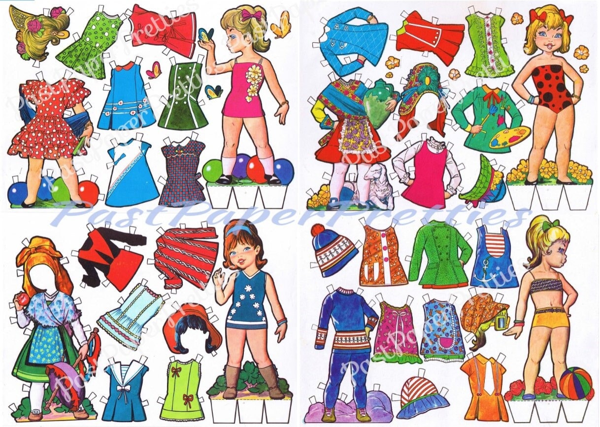 Vintage Paper Dolls 8 Pretty Girls and Their Clothes Collage Sheets c. 1980s Printable PDF Instant Digital Download Kitsch Clip Art Spain