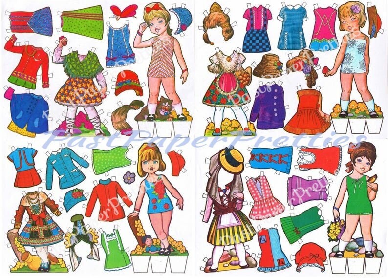Vintage Paper Dolls 8 Pretty Girls and Their Clothes Collage Sheets c. 1980s Printable PDF Instant Digital Download Kitsch Clip Art Spain