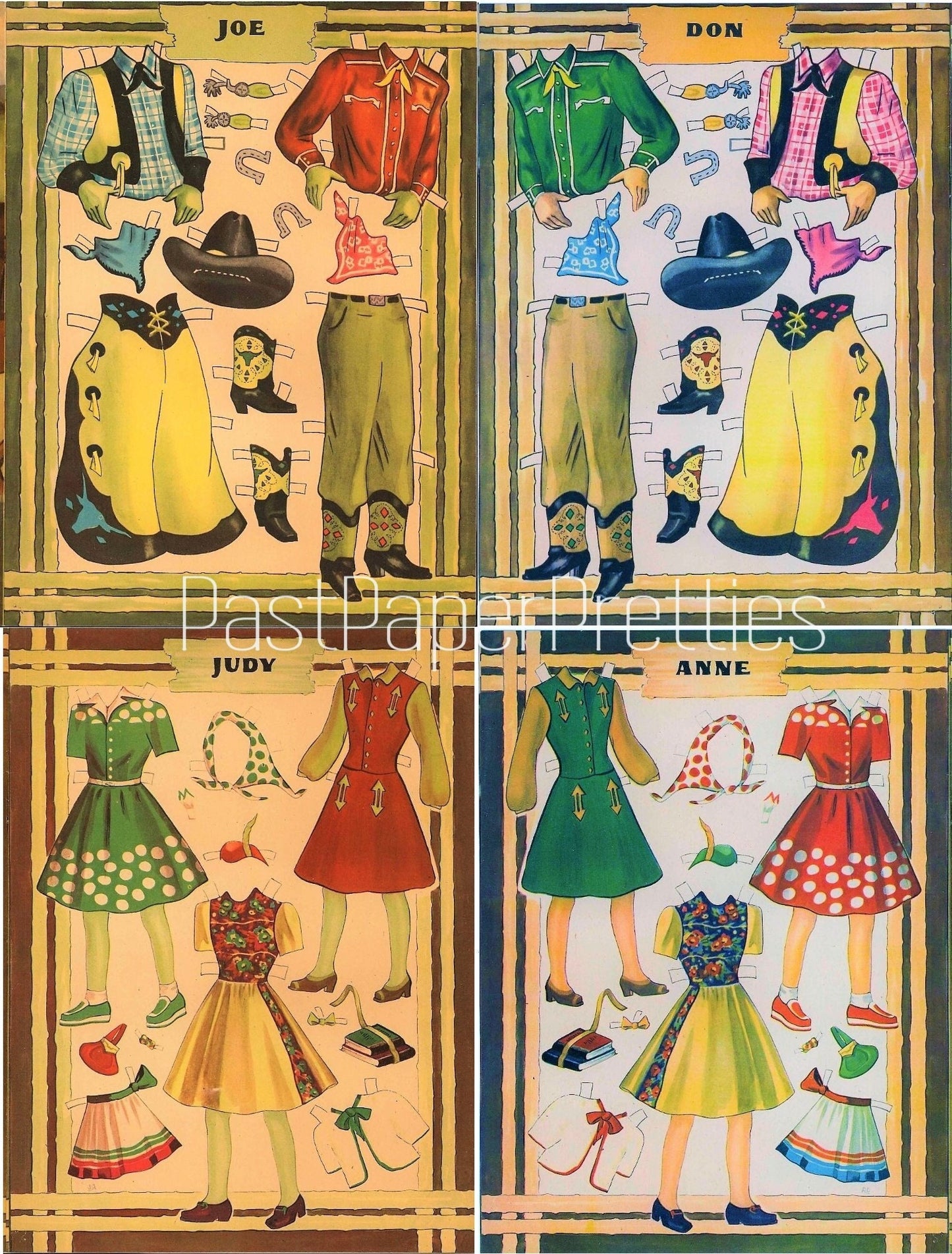 Vintage Paper Dolls Dude Ranch c. 1943 Printable PDF Instant Digital Download Cute Cowgirls Cowboys Western Dolls and Clothes Clip Art